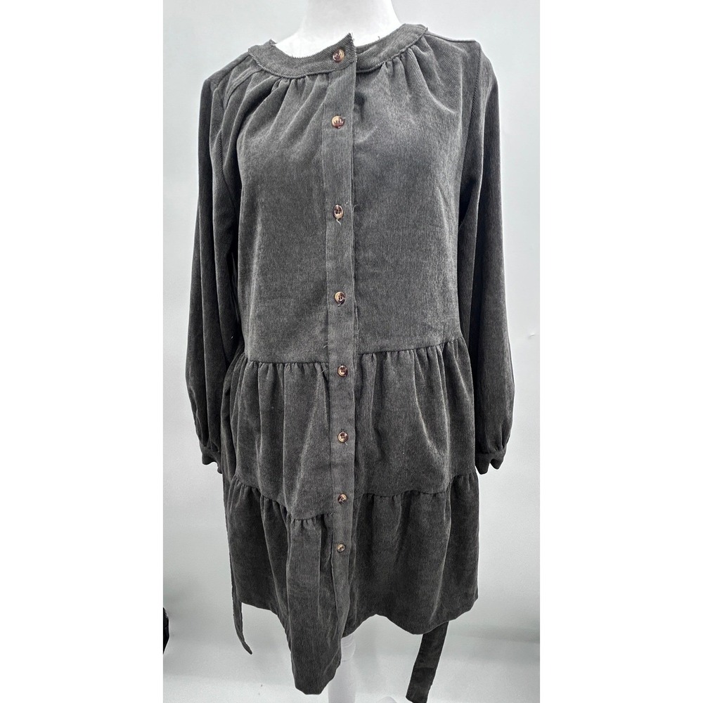 Simply Southern Womens Gray Corduroy Tiered Belted Button Front Dress Small - Picture 9 of 13